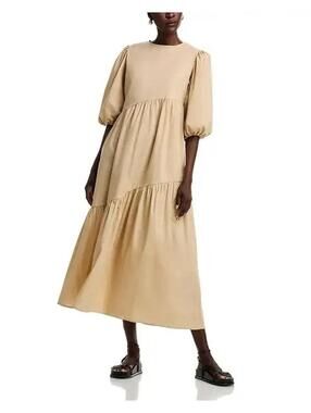 275$ THE LULO PROJECT Pleated Armenia Midi Dress 3/4 Sleeve Size XL Camel Brown